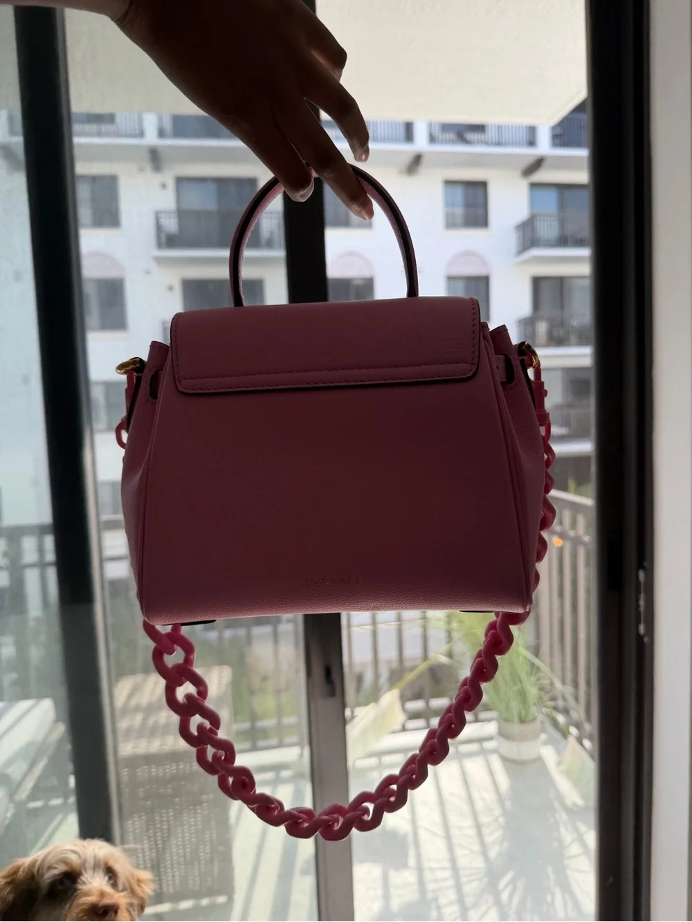 Versace Pink Leather Top-Handle Satchel with Chain Strap